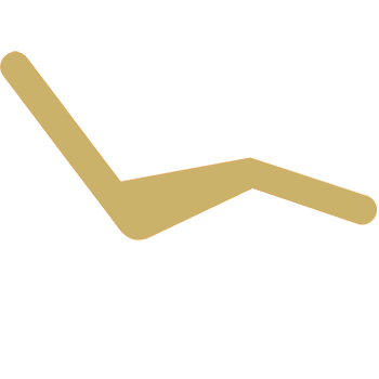 An image of a lounger with a white and black logo that resembles an abstract representation of a person s legs crossed, set against a dark background.